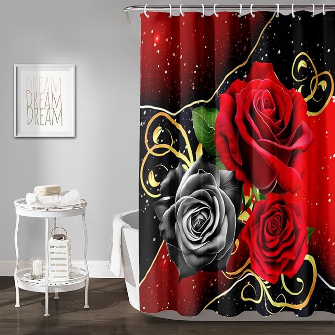 AILONEN Romantic Red Rose Flower Shower Curtain,Red and Black Floral Bath Curtain,Modern Flower Waterproof Curtain for Bathroom Decor, 72" W x 72" H