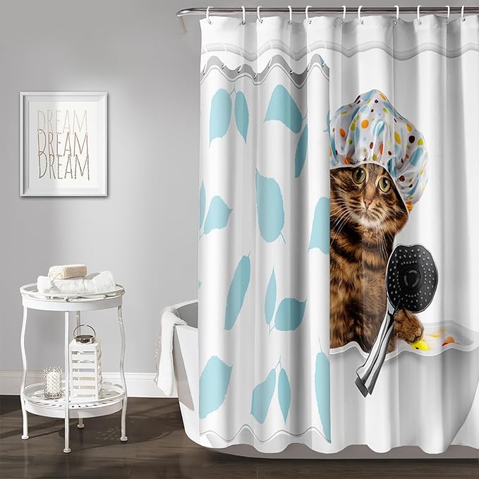 AILONEN Funny Cat with Shower Cap Shower Curtain for Kids 36" W*72" H Inch,Cute Kitten Taking Shower Bathroom Curtain,12 Pack Hooks Polyester Waterproof Fabric Decor for Bathroom,Blue