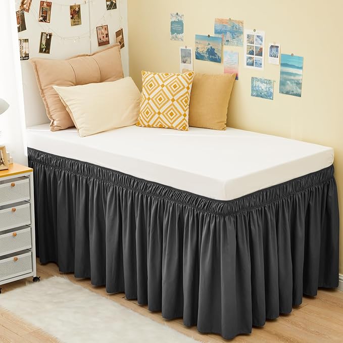 RIMELA Dark Grey Bed Skirt Twin 32 Inch Drop Silky Luxurious Fabric, Wrinkle and Fade Resistant with Adjustable Elastic Belt Easy to Install Machine Washable Dust Ruffles Bedskirt