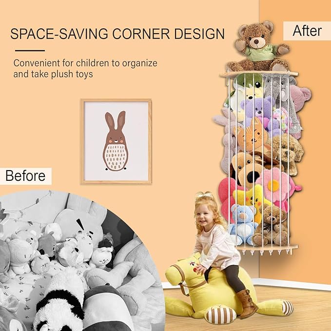 Corner Stuffed Animal Storage Wood Plush Toys Hanging Organizer Length Adjustable Stuffed Animal Holder with Moon Star Pattern Kids Toy Shelf Large Toy Storage for Nursery Playroom Bedroom Furniture