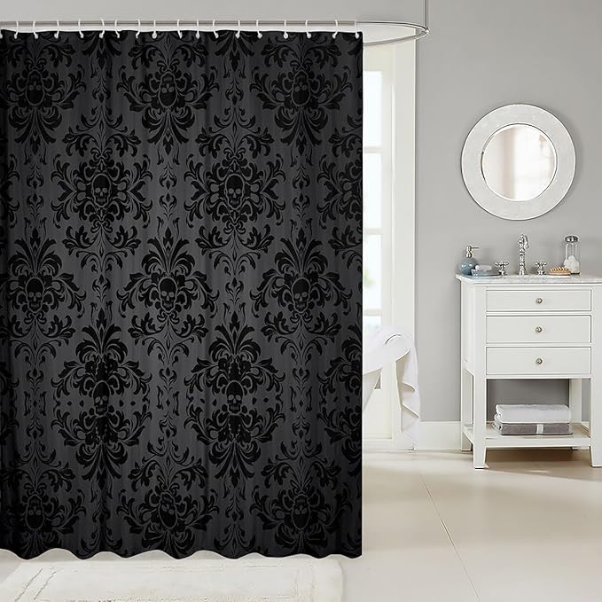 Feelyou Black Damask Shower Curtain 72"x78" Kids Vintage Floral Bathroom Shower Curtain Set for Boys Girls Teens Antique Victorian Baroque Bath Curtain Gothic Bone Skeleton Bathroom Accessories