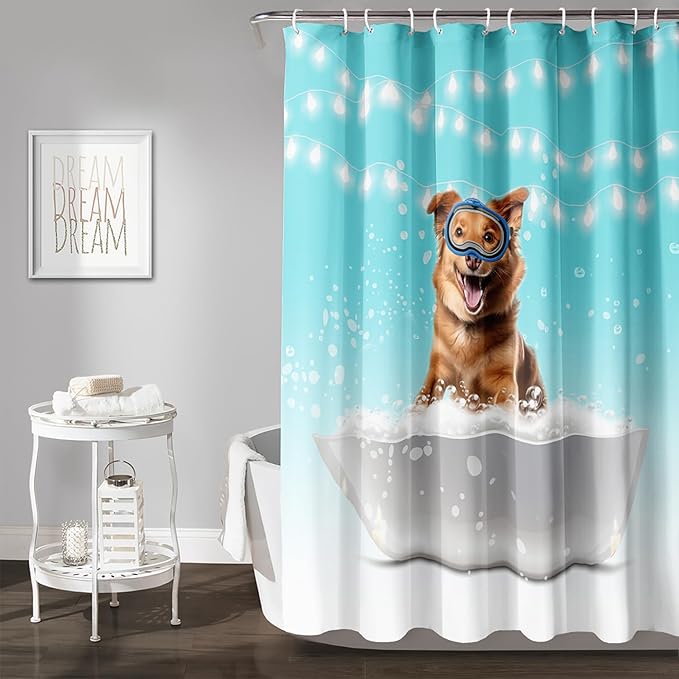 AILONEN 3D Bathtub Dog Shower Curtain for Kids 72" W*78" H Inch,Kawaii Diving Dog Sitting in a Bathtub Shower Curtain,12 Pack Hooks Polyester Waterproof Fabric Decor for Bathroom Bathtub Panels
