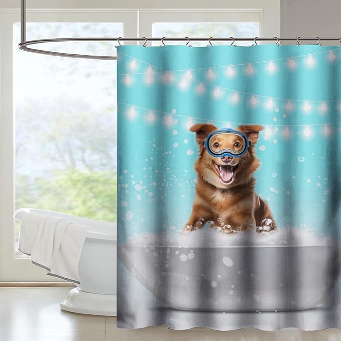 AILONEN 3D Bathtub Dog Shower Curtain for Kids 36" W*72" H Inch,Kawaii Diving Dog Sitting in a Bathtub Shower Curtain,12 Pack Hooks Polyester Waterproof Fabric Decor for Bathroom Bathtub Panels