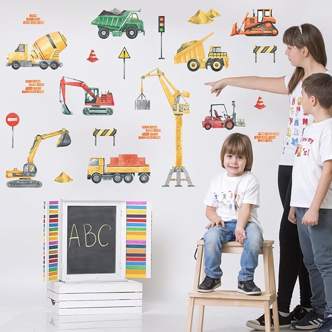 LHIUEM 30PCS Cars Wall Decals Watercolor Trucks Wall Stickers Engineering Vehicle Wall Decor for Kids Gifts Traffic Signal Construction Wall Decals for Boys Room Playroom Bedroom Classroom