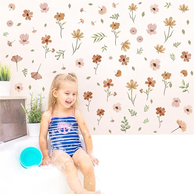 Small Flowers Wall Sticker Boho Floral Leaf Wall Decal Watercolor Botanical Leaves Wall Decals Plants Flowers Wall Stickers Removable Retro Floral Wall Decals for Nursery Bedroom Decor