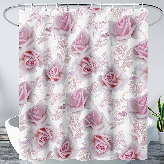 AILONEN Girls Rose Shower Curtain 72" W*78" H, Pink Rose Shower Curtain with 12 Hooks,Waterproof Floral Shower Curtain for Bathroom,Romantic Flower Pink Shower Curtain