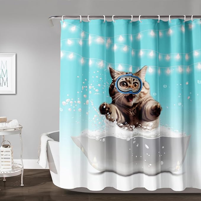 AILONEN 3D Bathtub Cat Shower Curtain for Kids 72" W*84" H Inch,Kawaii Diving Cat Leaps Out of Bathtub Shower Curtain,12 Pack Hooks Polyester Waterproof Fabric Decor for Bathroom Bathtub Panels