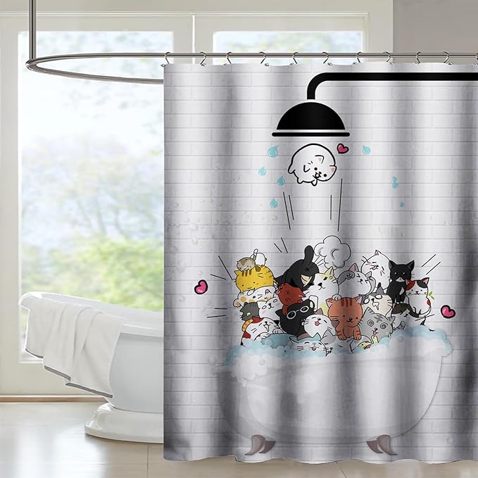 AILONEN Cute Cats Shower Curtain for Kids 36" W*72" H Inch,Kawaii Hilarious Funny Cat Pet Playing Water Shower Curtain,12 Pack Hooks Polyester Waterproof Fabric Decor for Bathroom Bathtub Panels