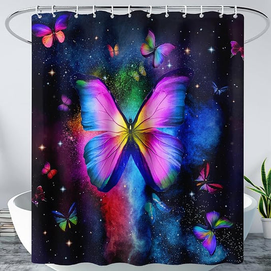 AILONEN Butterfly Shower Curtain Bathroom 36" W*72" H Sparkly Colourful Butterfly Curtain Cloth Fabric Bathroom for Girls Kids,Deep Color Shower Curtain Set
