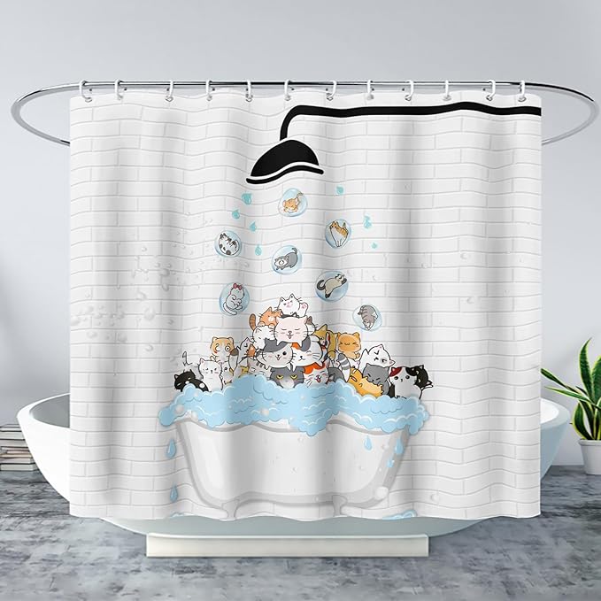 AILONEN Cute Cats Shower Curtain Raining for Kids 72" W*96" H Inch,Kawaii Hilarious Pet Playing Water Shower Curtain,12 Pack Hooks Polyester Waterproof Fabric Decor for Bathroom Bathtub Panels