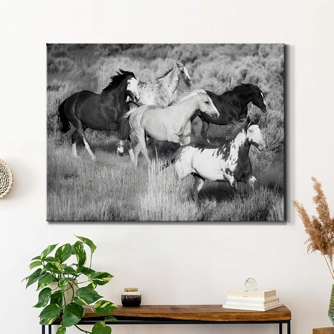 Renditions Gallery Canvas Animal Wall Art Modern Decorations Paintings Running Vintage Horses Black & White Nature Wall Hanging Artwork Prints for Bedroom Office Kitchen - 32"x48" LT33