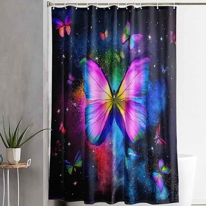 AILONEN Butterfly Shower Curtain Bathroom 36" W*72" H Sparkly Colourful Butterfly Curtain Cloth Fabric Bathroom for Girls Kids,Deep Color Shower Curtain Set