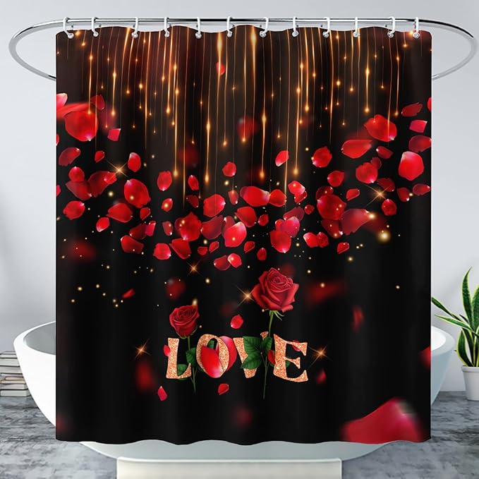 AILONEN Red Rose Flower Shower Curtain,Red and Black Shower Curtain,Romantic Flower Couple Lover Bath Curtain,Rose Themed Bathroom Decor,Waterproof 72" W x 84" H