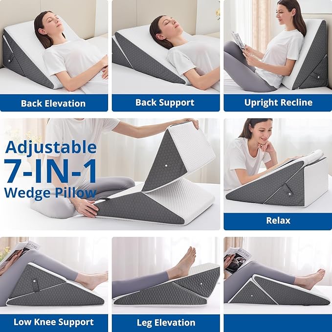 Sasttie Wedge Pillow for Sleep Apnea, 12 Inch Bed Wedge Pillow for Back Pain Relief, Adjustable Memory Foam Pillow Wedges for Sleeping Acid Reflux, Shoulder Pain Relief and Snoring, Dark Grey & White