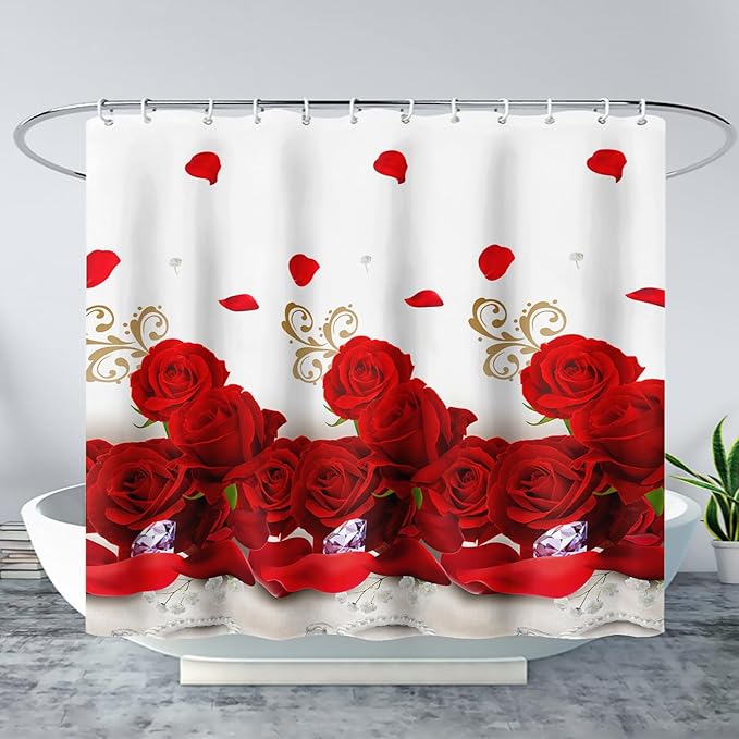 AILONEN Rose Flower Shower Curtain for Bathroom,Red Rose Bathroom Curtain for Girls Women,Romantic Flower Bath Curtain 72" W*72" H Polyester Waterproof Bathroom Curtain with 12 Hooks
