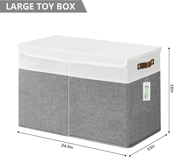 Large Toy Storage Box with Lids, Collapsible Sturdy Baby Storage Organizer Chest Bin Basket for Kids, Boys, Girls, Playroom, Nursery, Bedroom, Closet 25"x13"x16" (Gray and White)