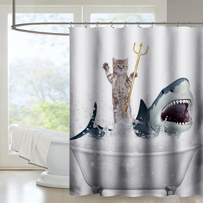 AILONEN 3D Bathtub Shark Shower Curtain for Kids 120 * 180 Inch,Cat Riding Shark in a Bathtub Shower Curtain,12 Pack Hooks Polyester Waterproof Fabric Decor for Bathroom Bathtub Panels