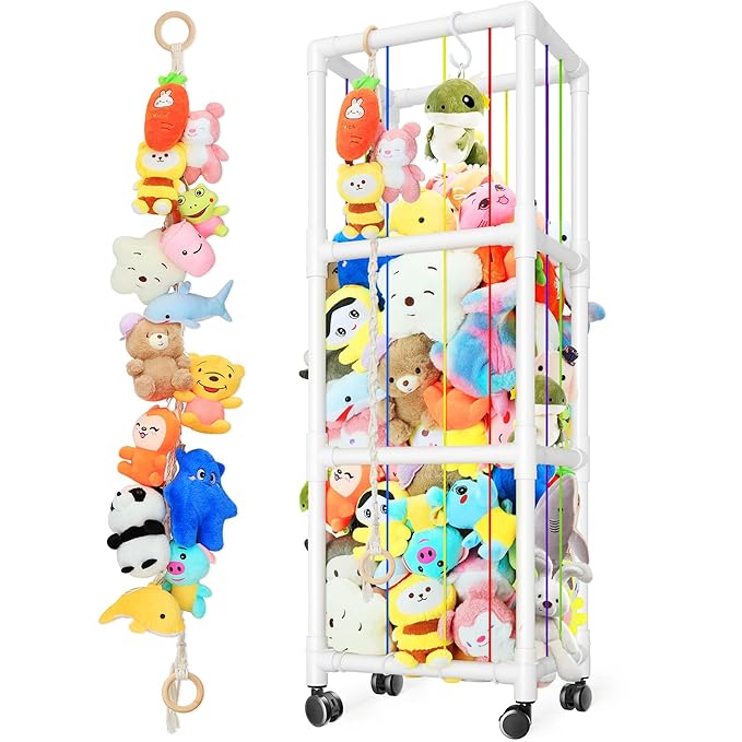 Stuffed Animal Storage with Hanging Chain, 2 in 1 Movable Stuffed Animal Zoo, Large Capacity Stuff Animal Toy Storage Organizer Holder for Nursery Playroom Bedroom Kid Room (White)