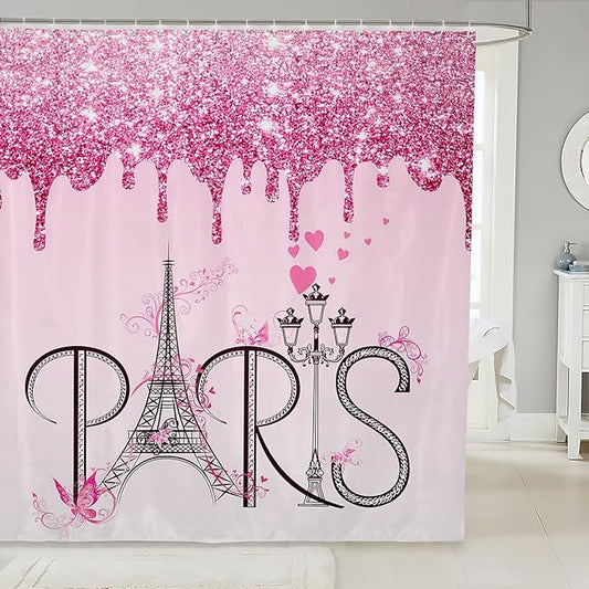 Feelyou Eiffel Tower Shower Curtain 72"x78" Glitter Romantic Paris Bathroom Shower Curtain Set for Boys Girls Teens Ombre Pink Butterfly Bath Curtain Modern French Bathroom Accessories(No Glitter)