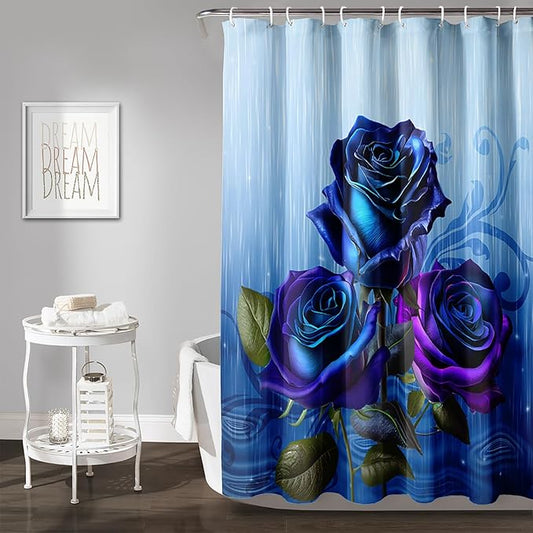 AILONEN Blue Rose Shower Curtain for Girls,Raining Rose Shower Curtain for Bathroom Decor,Women Kids Polyester Waterproof 3D Printed Bath Curtain with 12 Hooks,60" W*72" H