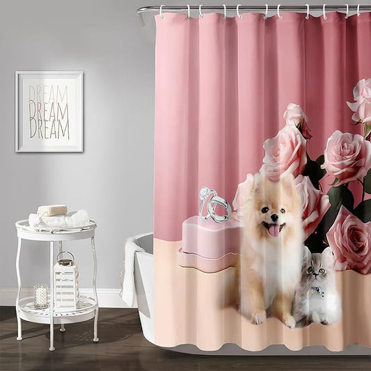 AILONEN Girls Pink Shower Curtain for Bathroom, Rose Flower and Cute Kawaii Dog Cat Pattern Bathroom Decor 60" W*72" H Bath Curtain Polyester Waterproof Shower Curtain with 12 Hooks