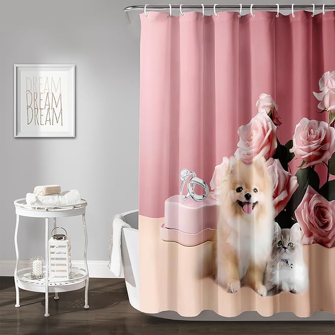 AILONEN Girls Pink Shower Curtain for Bathroom, Rose Flower and Cute Kawaii Dog Cat Pattern Bathroom Decor 72" W*78" H Bath Curtain Polyester Waterproof Shower Curtain with 12 Hooks