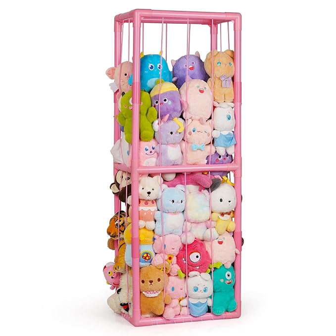 Trycooling Stuffed Animal Storage Zoo Stuffed Animal Holder Space Save Vertical Stuffed Animals Storage PVC with Elastic Band and Net for Playroom Birthday Gift for Bedroom Nursery (Pink 1)