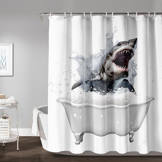 AILONEN 3D Bathtub Shark Shower Curtain for Kids 180 * 240 Inch,Fierce Shark in a Bathtub Shower Curtain,12 Pack Hooks Polyester Waterproof Fabric Decor for Bathroom Bathtub Panels