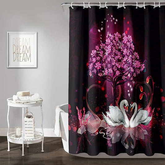 AILONEN Romantic Love Theme Shower Curtain for Girls Pink Love Tree Floral Valentine Bathroom Decor,Swan Couple Lover Bath Curtain 48" W*72" H Polyester Waterproof Bathroom Curtain with Hooks