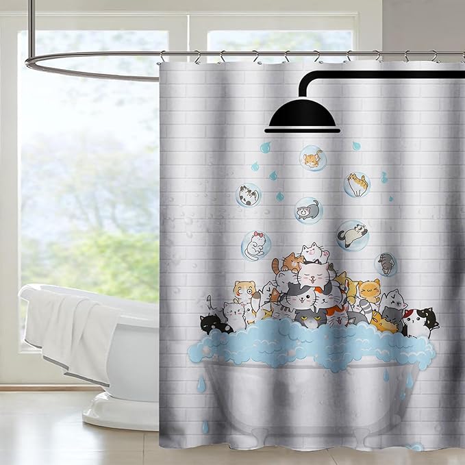 AILONEN Cute Cats Shower Curtain Raining for Kids 48" W*72" H Inch,Kawaii Hilarious Pet Playing Water Shower Curtain,12 Pack Hooks Polyester Waterproof Fabric Decor for Bathroom Bathtub Panels