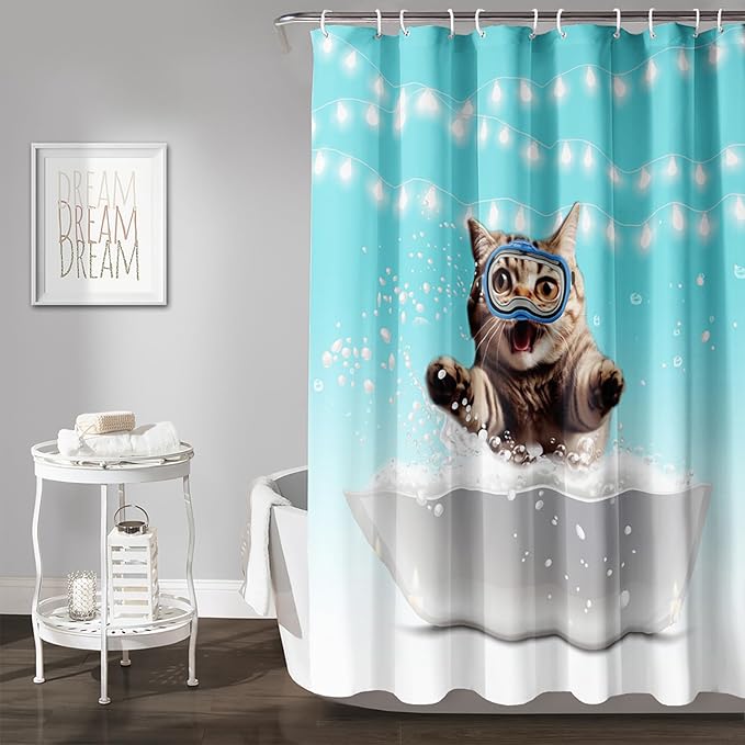 AILONEN 3D Bathtub Cat Shower Curtain for Kids 72" W*78" H Inch,Kawaii Diving Cat Leaps Out of Bathtub Shower Curtain,12 Pack Hooks Polyester Waterproof Fabric Decor for Bathroom Bathtub Panels