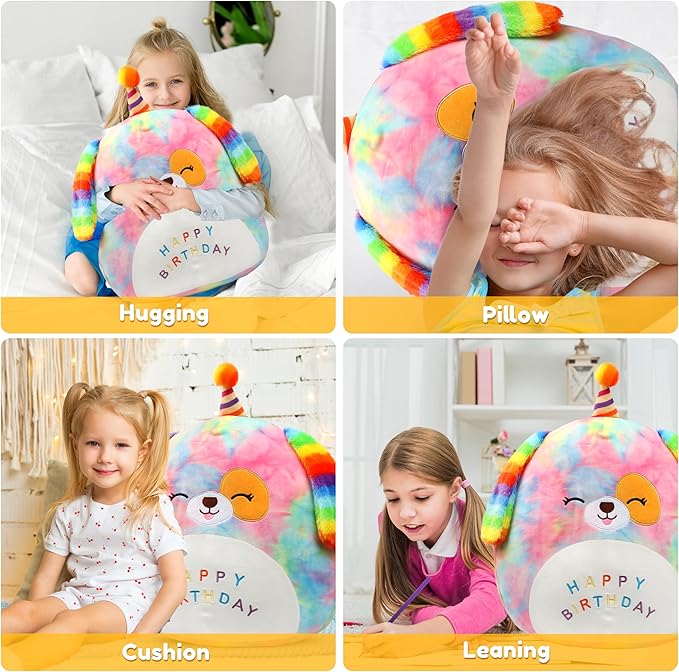 Easfan 20’’ Jumbo Rainbow Birthday Dog Giant Plush Pillow Soft Puppy Plush Toy Cute Dog Stuffed Animal Birthday Gifts for Kids Toddlers