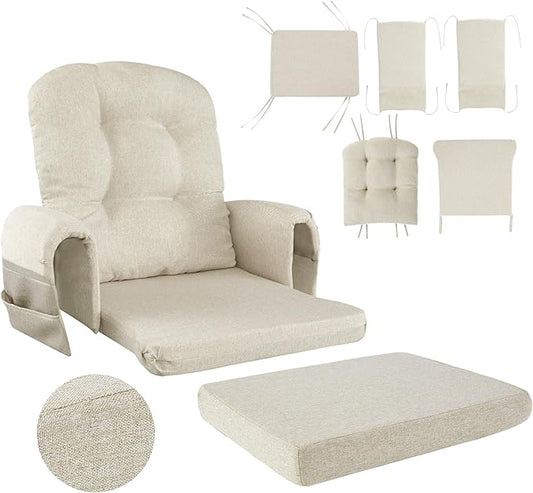 HOMBYS 5 PCS Glider Rocker Replacement Cushions with Storage Side Pocket,Linen-Like Fabric, Foam & Microfiber Filling, Non-Slip & Washable,Thickened & Supportive for Glider Rocking Chair, Khaki