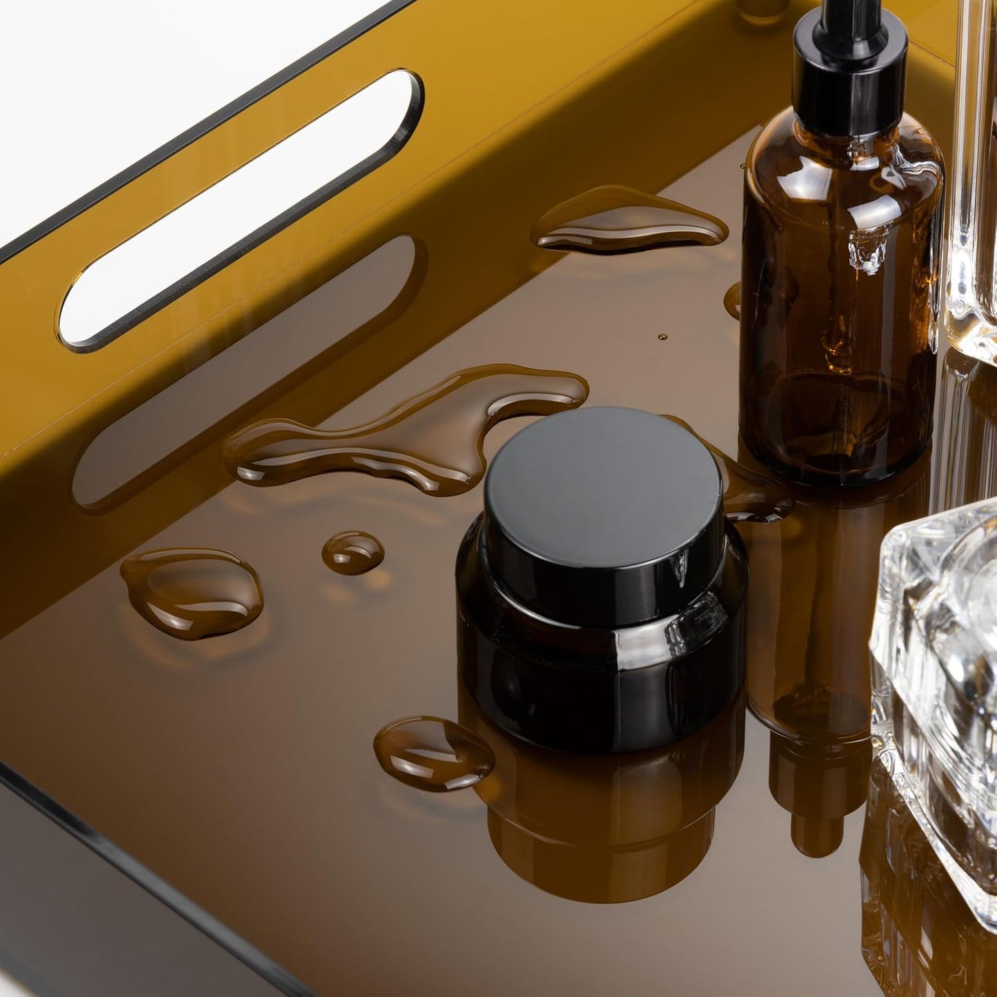 Large Acrylic Serving Tray Decorative Ottoman Coffee Table Vanity Tray Tea Fruit Platter Snack Appetizer Dessert Drink with Handles for Bar Kitchen Party, Amber