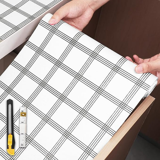 Shelf Liner,Drawer Liner for Kitchen Cabinet,18 in x 30 FT Cabinet Liners Non-Adhesive Non-Slip Contact Paper Waterproof Kitchen Liner Protect Desks, Cupboard with Knife and Tape Measure