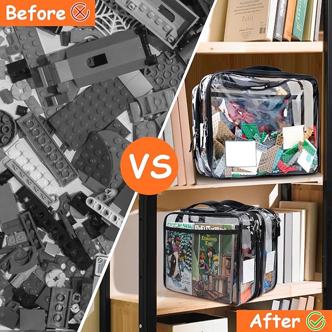 4 Pack Toy Storage Organizer Bag for Lego Bricks, Clear PVC Zippered Block Set with Manual Pocket& Name Tag, Waterproof Toy Carrying Case for Board Games, Building Blocks& Puzzles (Large Black)