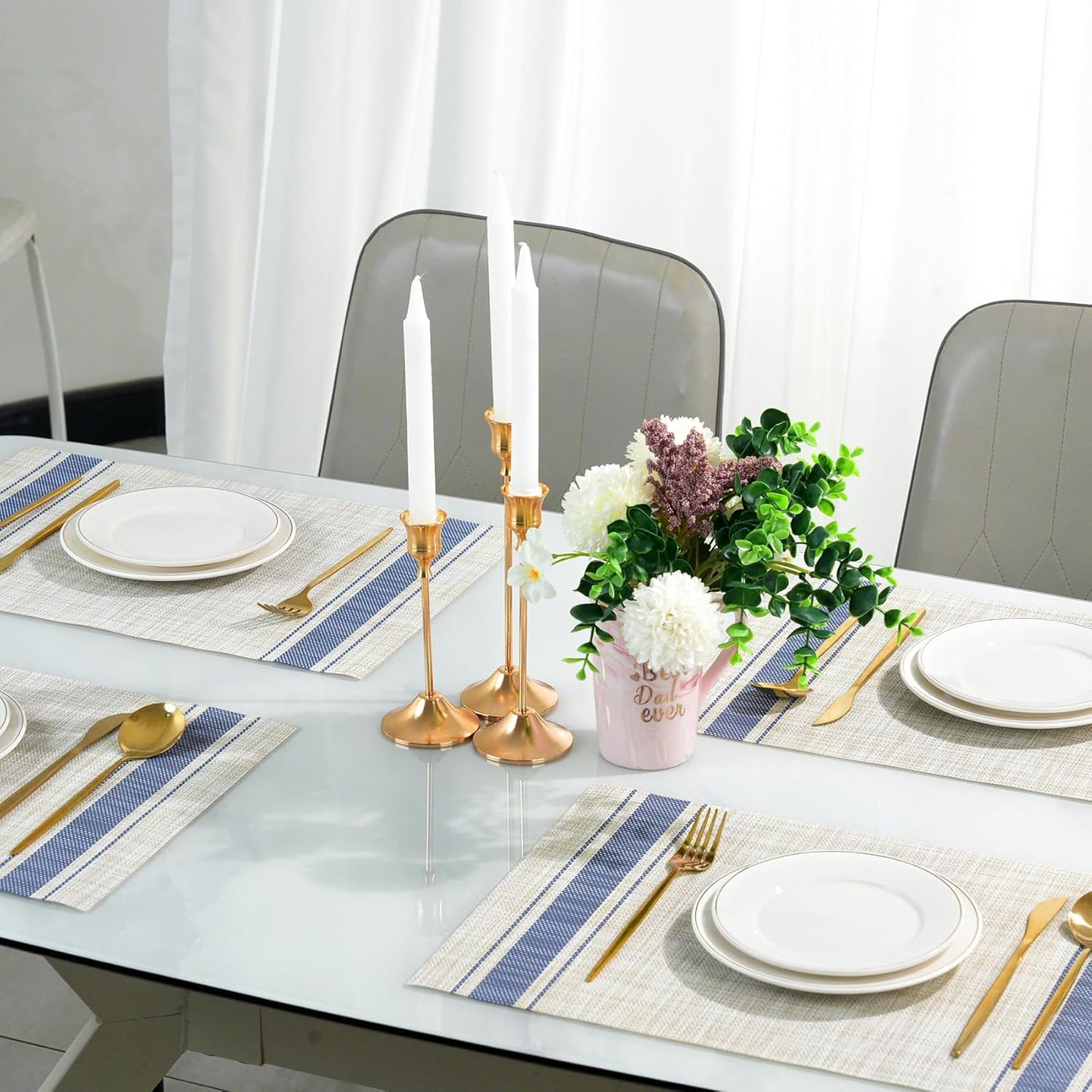 Placemats Set of 8，Non-Slip PVC Weave Table Mats Easy to Clean，Heat Resistant Place Mats for Kitchen Dining Table Decoration Indoor Outdoor，Khaki Blue