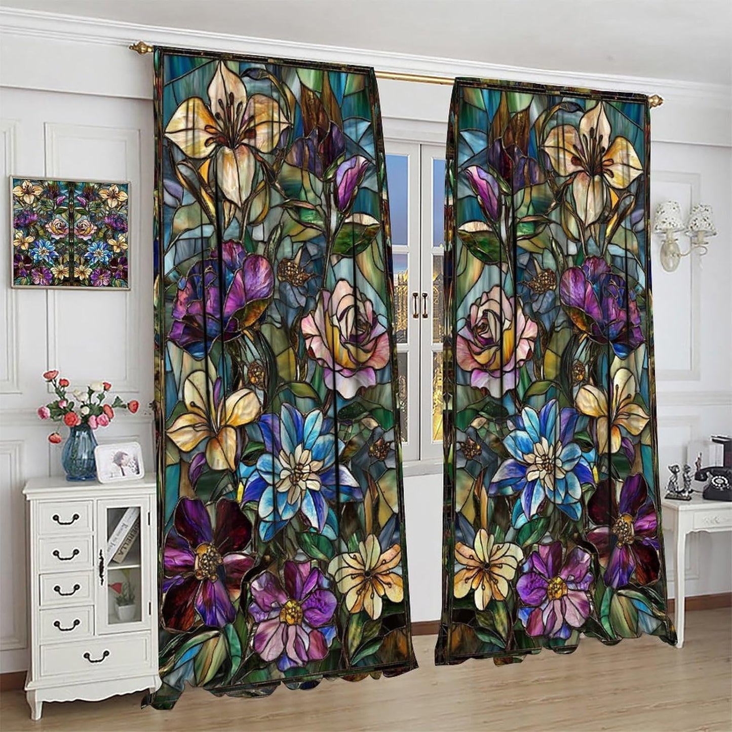 Stained Glass Curtains,Retro Colored Glass Flowers Art Home Decor Drapes for Bedroom Living Room Kitchen Window Treatment 2 Panels Set Total Size 55" W X 63" L Inch