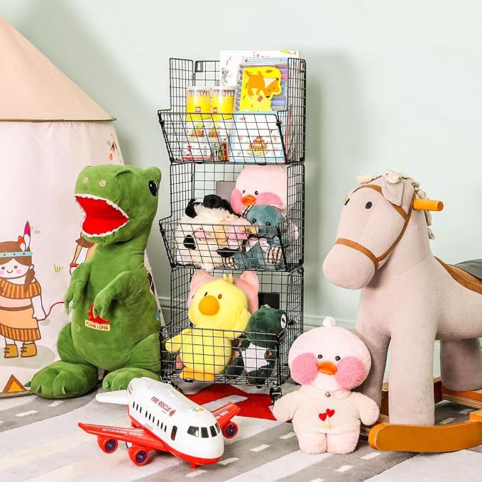 Sonyabecca Toy Organizer Basket Shelf with Wheel, S-Hooks, Rolling Cart Hanging Storage Baskets for Child Room, Playroom, Bedroom, Kitchen (Black)