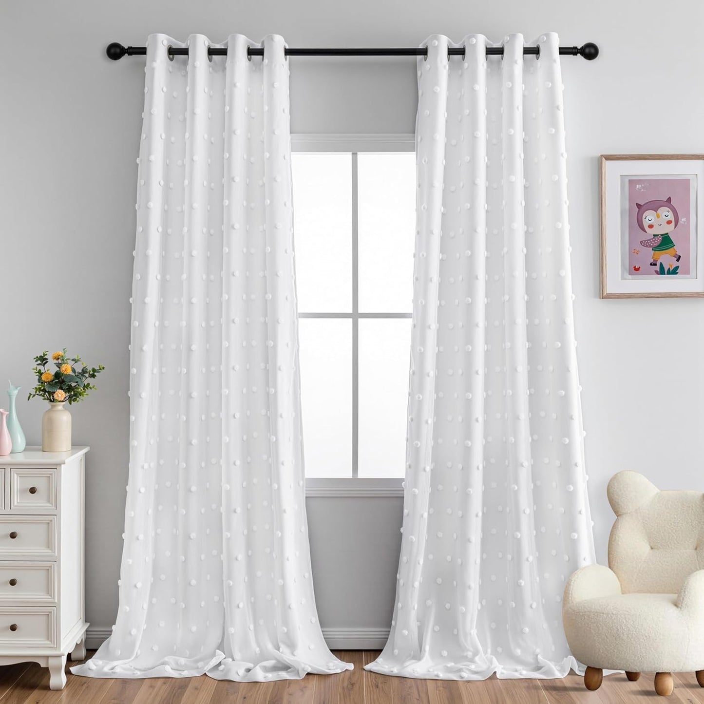 MYSKY HOME 100% Blackout Curtains for Living Room White Curtains 95 Inch Long Light Block Girls Room Drapes Thermal Insulated Room Darkening Curtains with Pom Pom Sheer Grommet 2 Pieces 52W x 95L