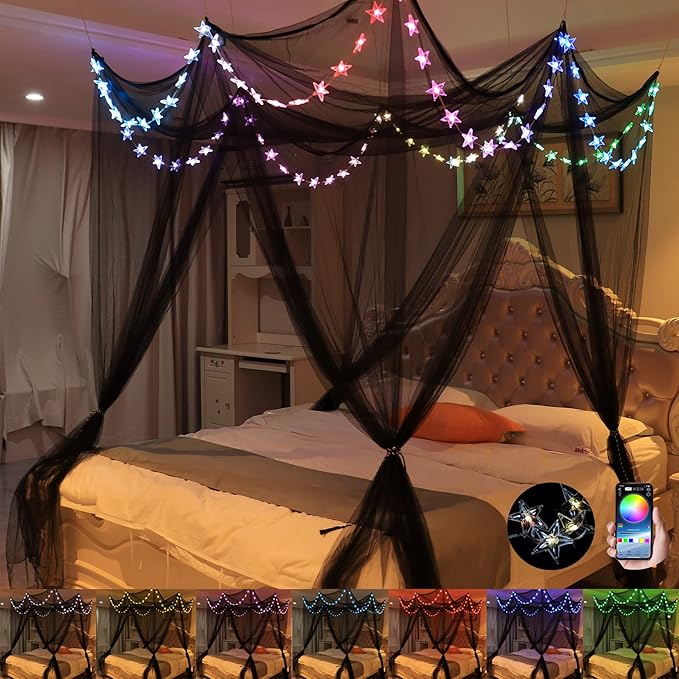 Bed Canopy with LED Star Lights, Canopy Bed Curtain with RGB Color Changing String Lights with Smart App Control Remote for Princess Girls Bedroom, Suggested for Twin Full Queen King Bed
