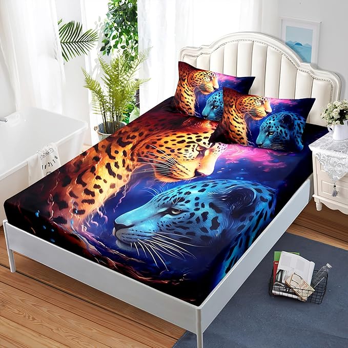 AILONEN Leopard Print Fitted Sheet Set Queen Size,Safari Wildlife Cheetah Bed Sheet Set Queen Size for Boys Kids,3 Pieces Animal Leopard Queen Fitted Sheet with 2 Pillowcases Decor
