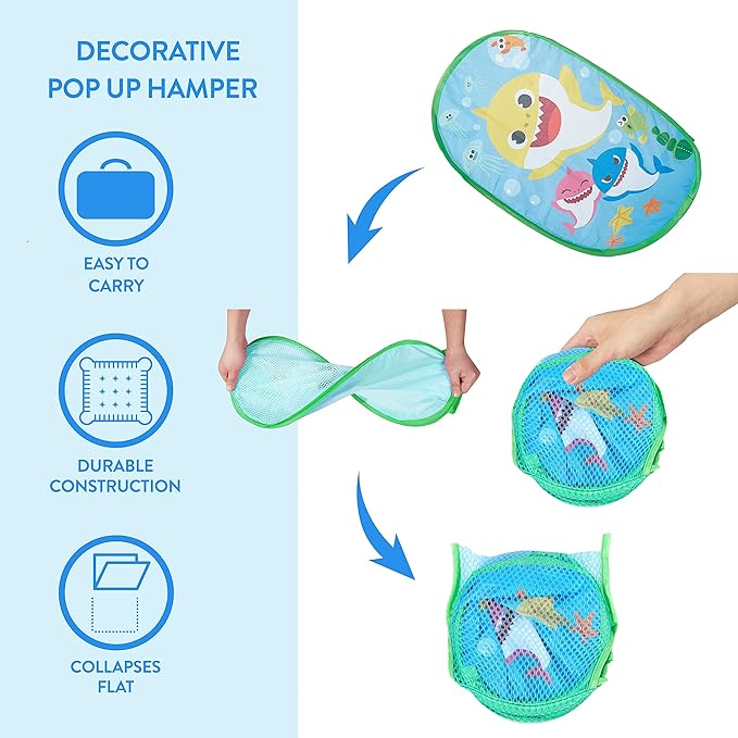 Idea Nuova Baby Shark Pop Up Hamper Storage Bin with Durable Carry Handles, 21" H x 13.5" W X 13.5" L