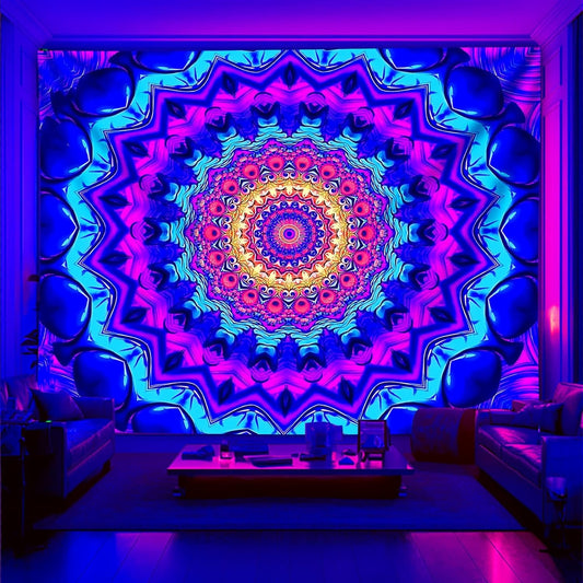 Blacklight Mandala Tapestry for Bedroom, Black Light Posters for Adults and Teens, Colorful UV Reactive Aesthetic Bohemian Wall Art Decor (40 x 30 Inches)