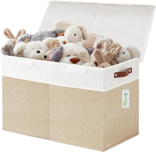 Large Toy Storage Box with Lids, Collapsible Sturdy Baby Storage Organizer Chest Bin Basket for Kids, Boys, Girls, Playroom, Nursery, Bedroom, Closet 25"x13"x16" (Beige and White)