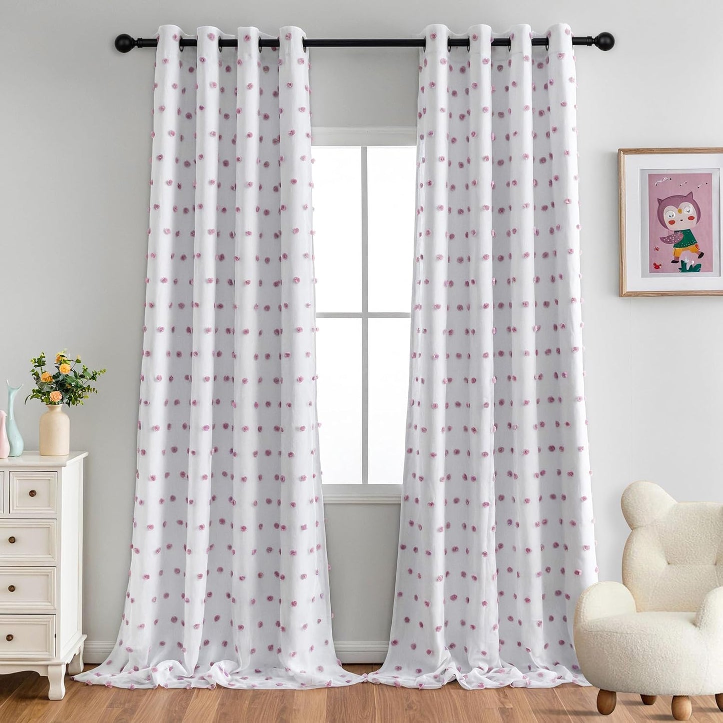 MYSKY HOME 100% Blackout Curtains for Living Room 95 Inch Long Total Light Blocking Curtains for Sliding Door 2 Panels Grommet Room Darkening Girls Bedroom Drapes with Purple Pom Pom Sheer 52 x 95 in