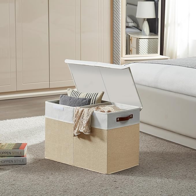 Large Toy Storage Box with Lids, Collapsible Sturdy Baby Storage Organizer Chest Bin Basket for Kids, Boys, Girls, Playroom, Nursery, Bedroom, Closet 25"x13"x16" (Beige and White)