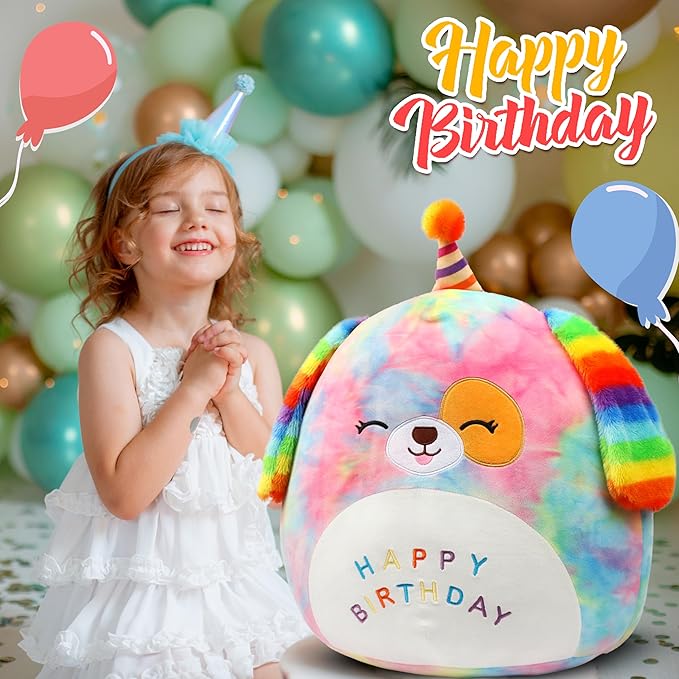 Easfan 20’’ Jumbo Rainbow Birthday Dog Giant Plush Pillow Soft Puppy Plush Toy Cute Dog Stuffed Animal Birthday Gifts for Kids Toddlers