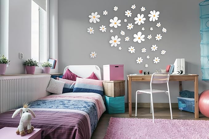 Classic Style Daisy Wall Decal - 12 Sheets of Big White Vinyl Flower Wall Stickers - Daisy Decor Ideal for Kids Girls Nursery, Playroom, Bedroom, and Living Room - Peel and Stick Floral Stickers