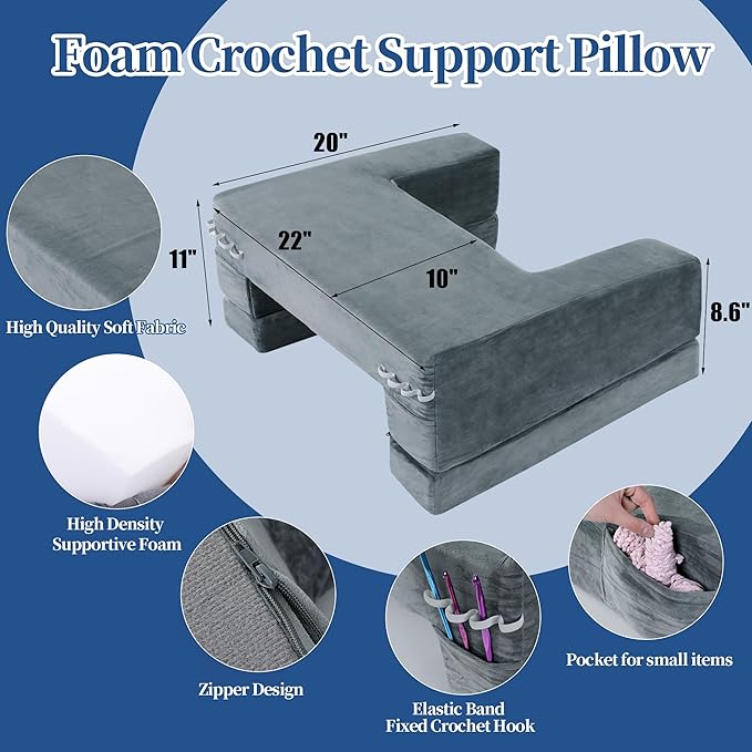 HOMBYS Foam Crochet Pillow for Lap Support, Adjustable Gaming Pillow for Lap, Bed and Sofa, Soft Velvet Lap Desk Pillow, Reading Pillow for Arm Rest, 2 Heights for Different People